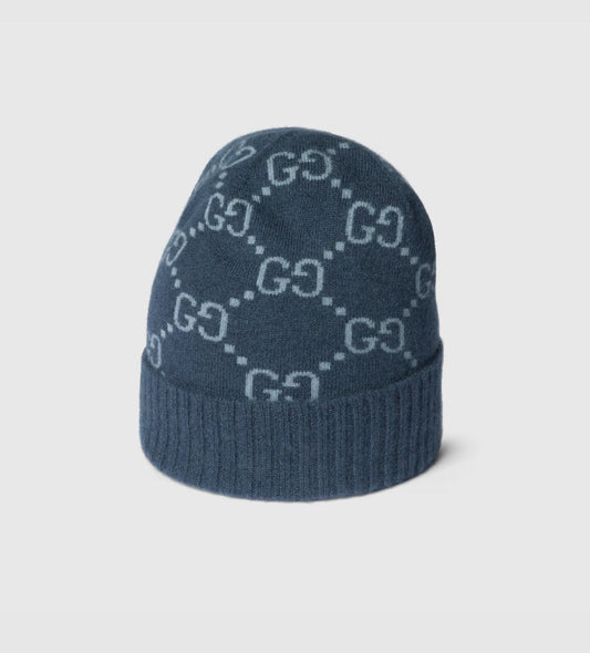 Bonnet et Écharpe en jacquard de cachemire GG bleu marine et bleu clair